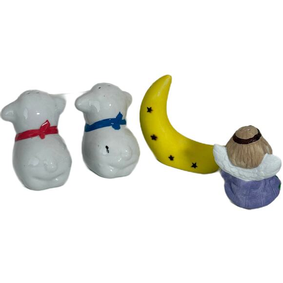 Lot of 2 Ceramic Salt Pepper Shaker Set Lambs and Angel Sitting on Crescent Moon - Picture 2 of 10